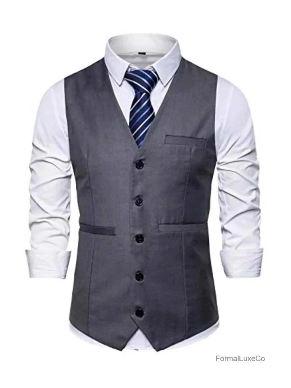 Regular Fit 5 Button V-Neck Sleeveless Suit Vest with Adjustable Back Strap for